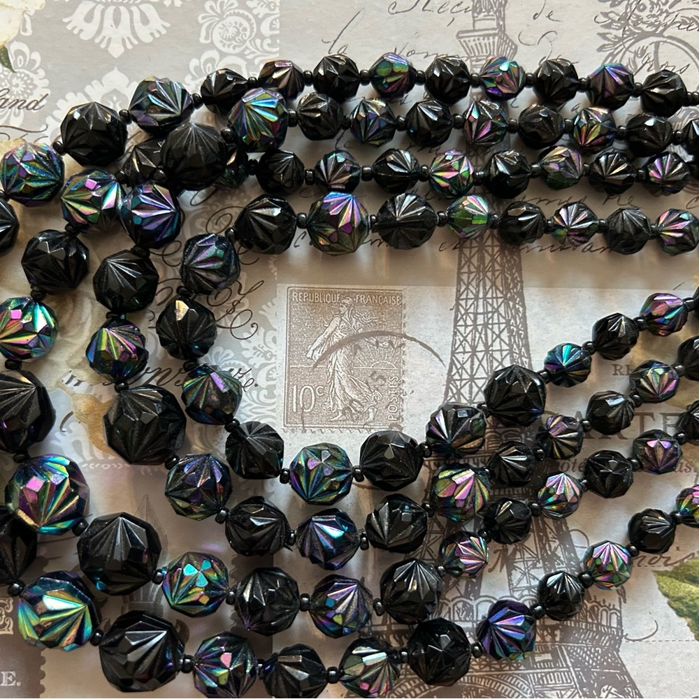 SUPERB Vintage 4 Strand AB Faceted Plastic Black Beaded Necklace WEST GERMANY